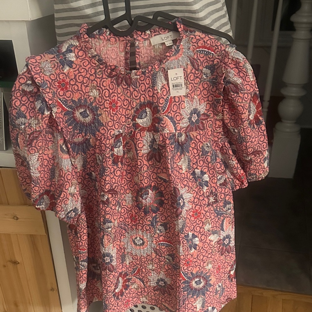 LOFT Vibrant Pink and Blue Floral Top